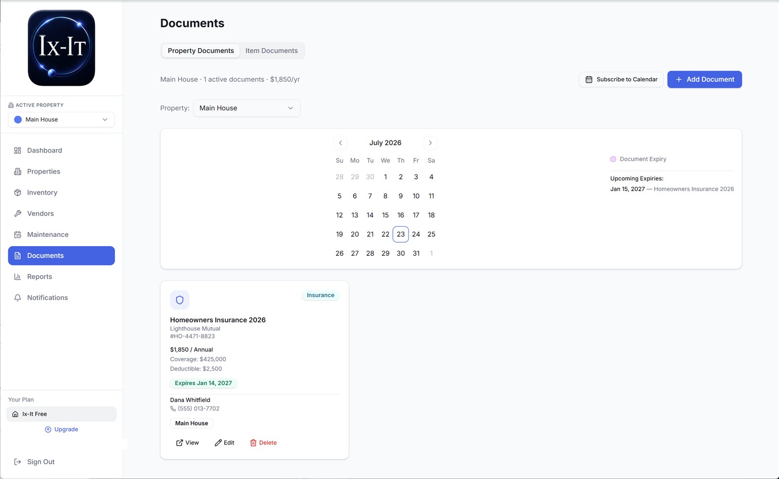 Ix-IT documents page tracking an insurance policy with premium, coverage, and expiry