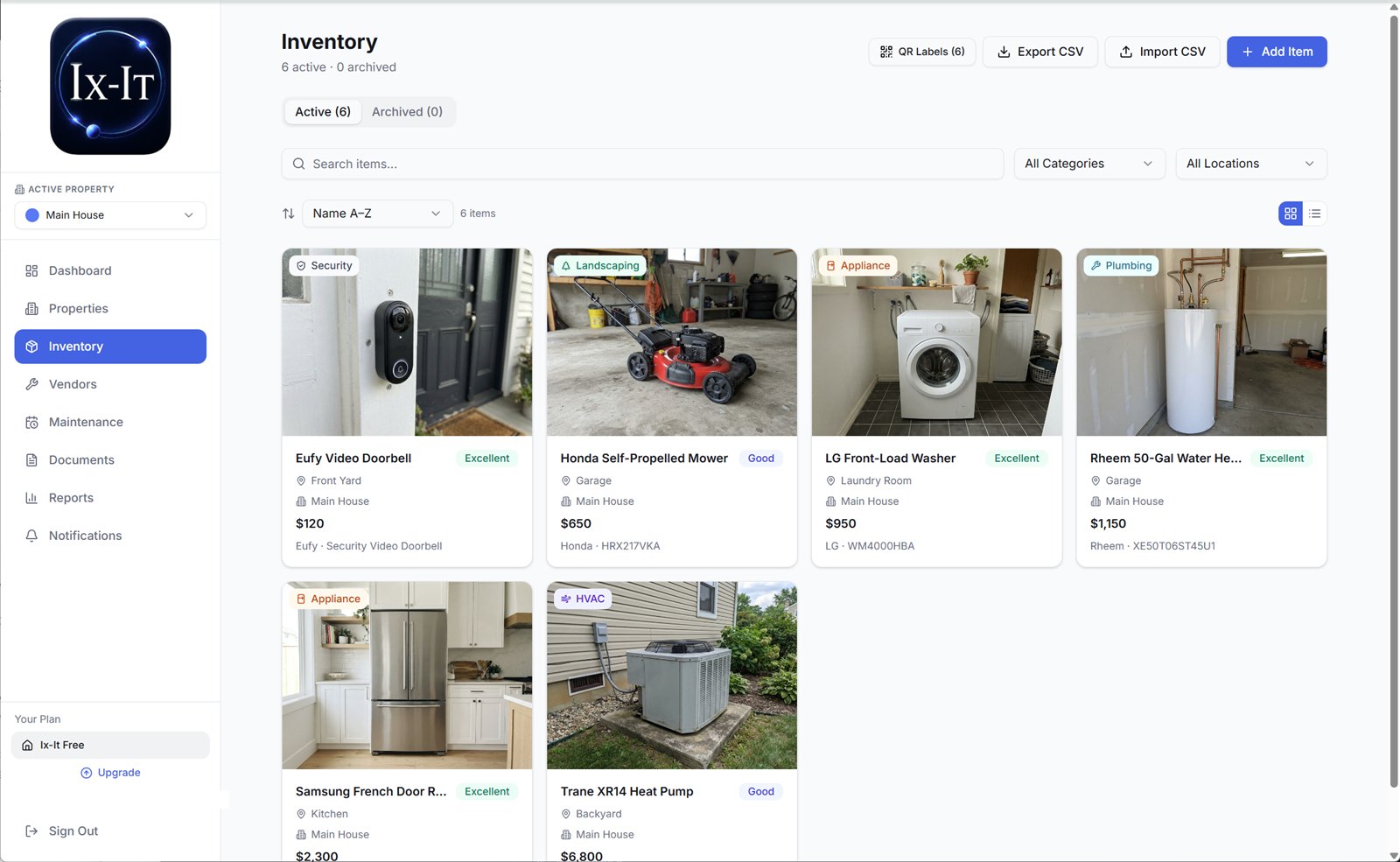 Ix-IT inventory grid with photographed items, categories, values, and conditions