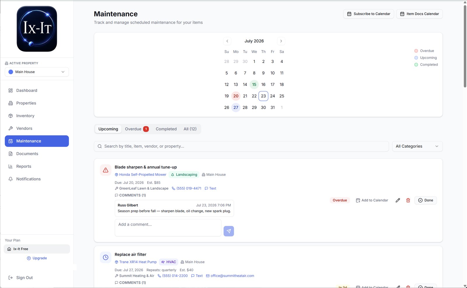 Ix-IT maintenance calendar with overdue, upcoming, and completed tasks