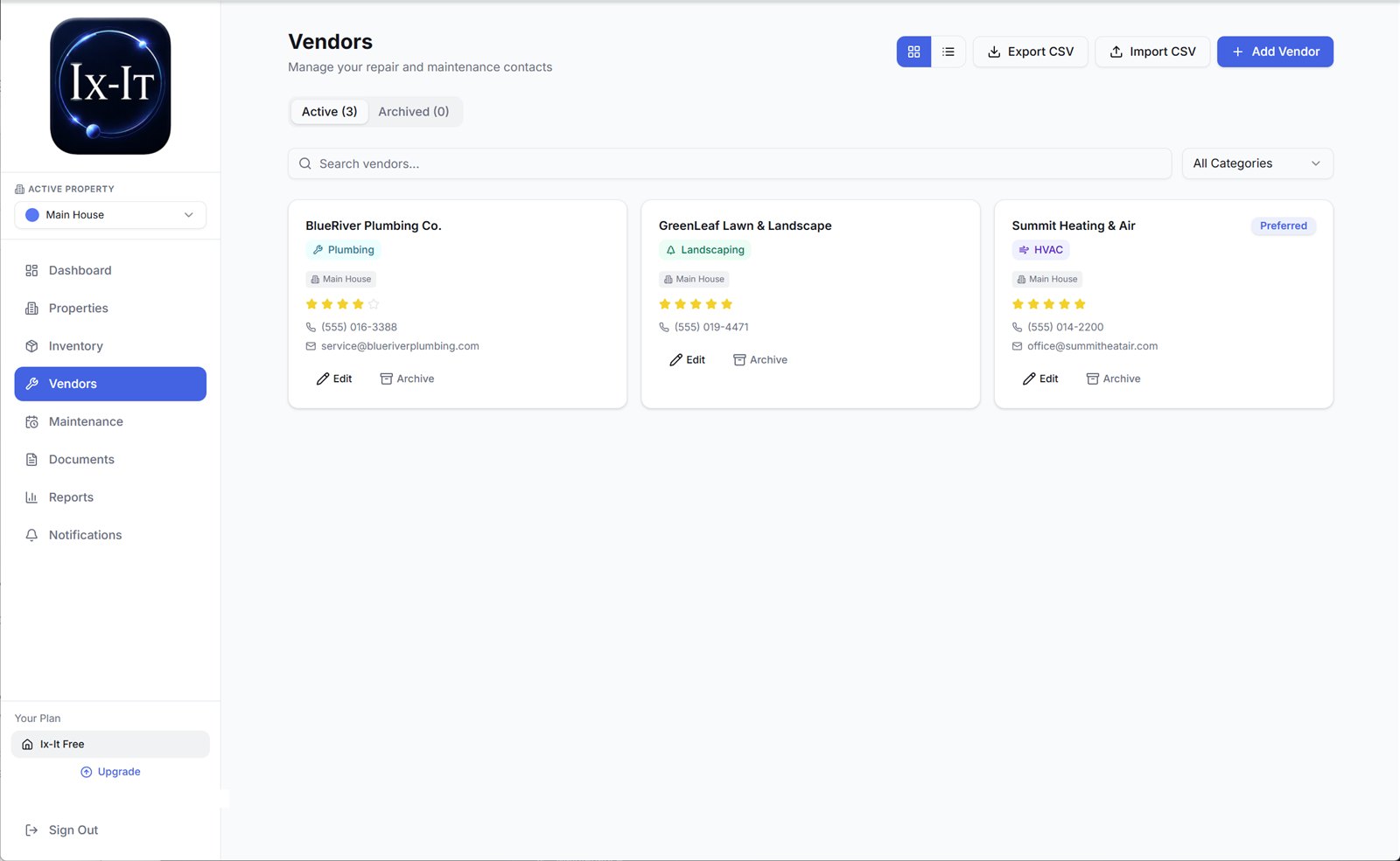 Ix-IT vendor cards with ratings, contact details, and a preferred badge